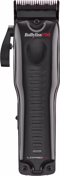 Máquina de cortar cabelo BaBylissPRO. Corpo principal e lâmina de corte pretos na parte superior. Logotipo "BaBylissPRO" impresso no corpo. Aparência compacta e projetada para uso profissional em salões de beleza e barbearias.