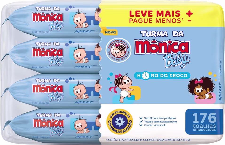 Pacotes de toalhas umedecidas da Turma da Mônica Baby, com 176 unidades, em embalagem com design colorido e ilustrações dos personagens, destacando o texto "Leve mais, pague menos".