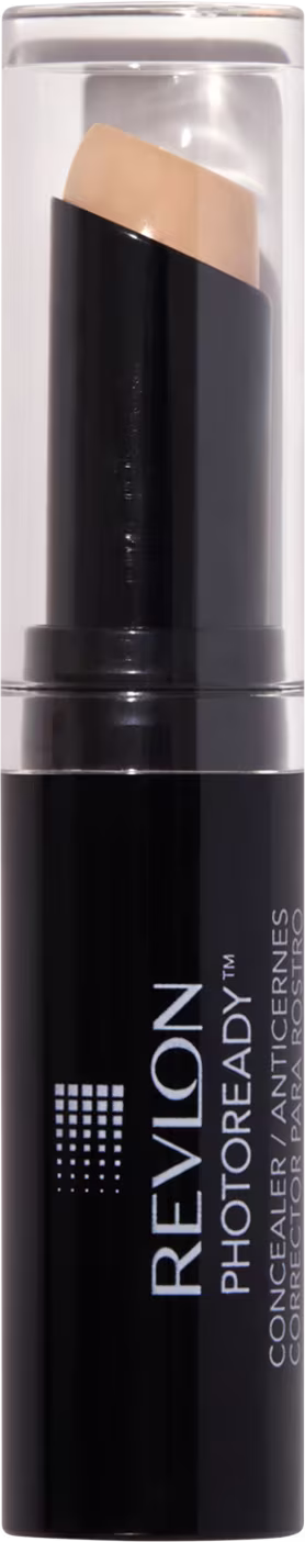 Bastão preto com letras brancas e tampa transparente.