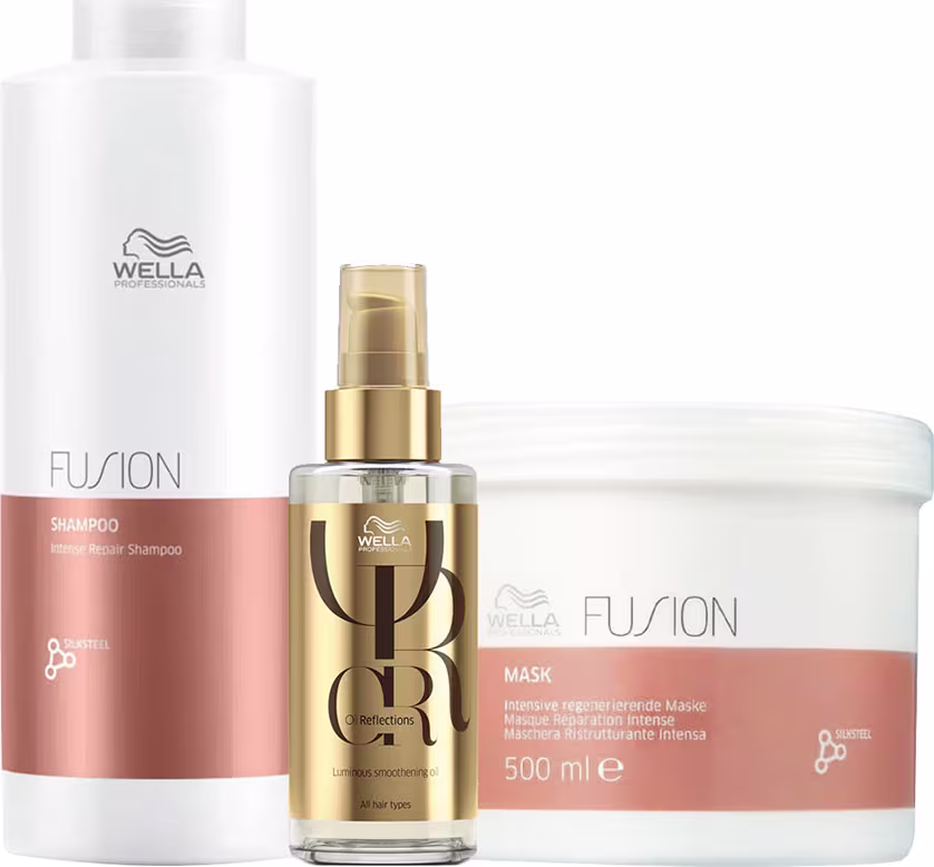 A imagem mostra três produtos de cuidados capilares da Wella Professionals. Um é o shampoo Shampoo de 1L, um óleo capilar e uma máscara de 500g em pote redondo.