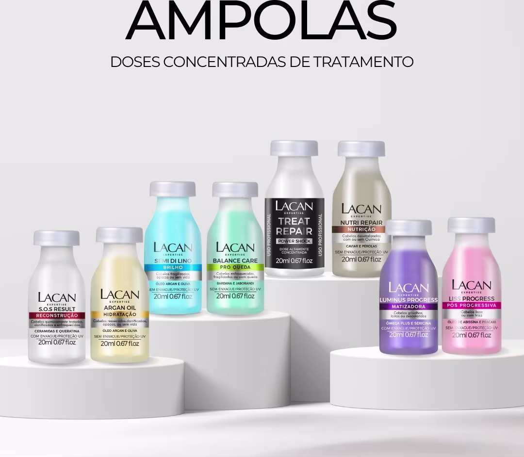Ampolas Lacan, doses concentradas de tratamento, em frascos de diversos tamanhos e cores, com rótulos indicando os diferentes tipos de produtos, como Treat Repair, Nutri Repair, Luminus Progress e Liss Progress.
