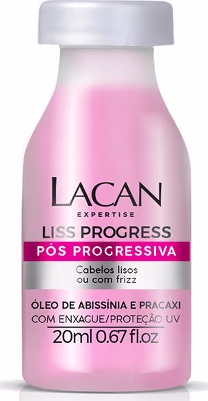 Frasco rosa com rótulo "Lacan Expertise Liss Progress Pos Progressiva" contendo óleo de abissínia e proteção UV para cabelos lisos ou com frizz, com volume de 20ml.