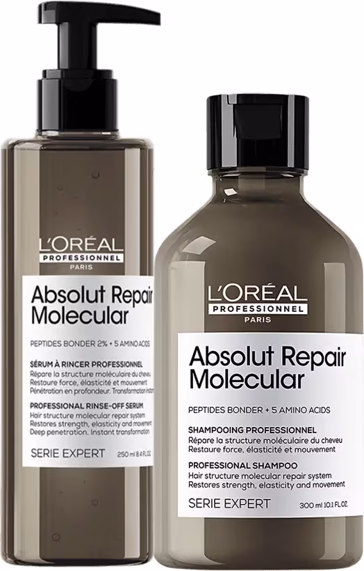 A imagem mostra dois produtos da L’Oréal Professionnel.  Um frasco de sérum mais comprido com pump preto e um frasco de shampoo arredondado e tampa preta. Ambos em embalagem marrom e rótulos brancos.