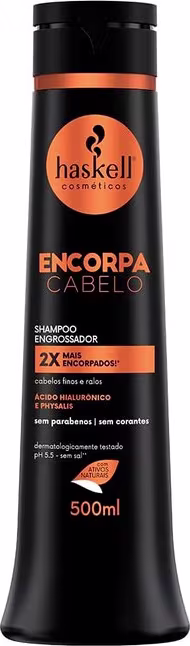 A imagem traz um shampoo engrossador em uma embalagem plástica preta com detalhes em laranja. O rótulo traz o nome do produto "Encorpa Cabelo" e outras informações.