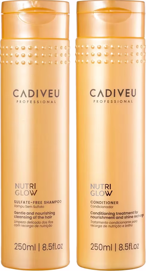 Shampoo e condicionador da linha Nutri Glow da marca Cadiveu Professional, de 250ml cada