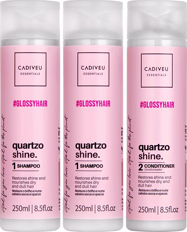 Dois shampoos e um condicionador com embalagens plásticas cilíndricas de 250ml cada. As cores predominantes são branco e rosa claro.