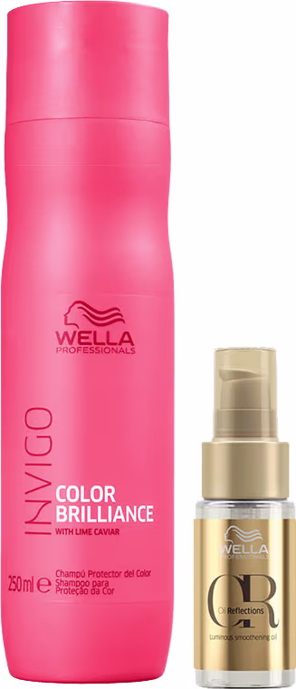 Shampoo da linha Invigo Color Brilliance, e óleo capilar da linha Oil Reflections da marca Wella Professionals.