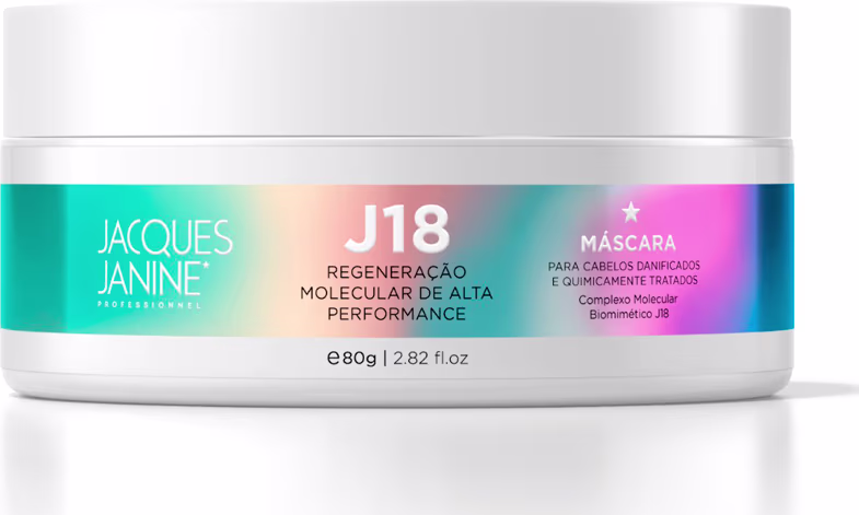 Frasco branco de máscara capilar da linha J18 da marca Jacques Janine Professionnel, com rótulo colorido destacando a regeneração molecular de alta performance.