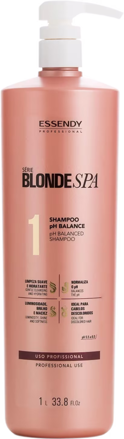 Shampoo da linha Blonde Spa da marca Essendy .O rótulo indica que se trata de um "Shampoo pH Balance", ou seja, um shampoo com pH balanceado, ideal para cabelos descoloridos. O frasco possui um dispensador na parte superior.