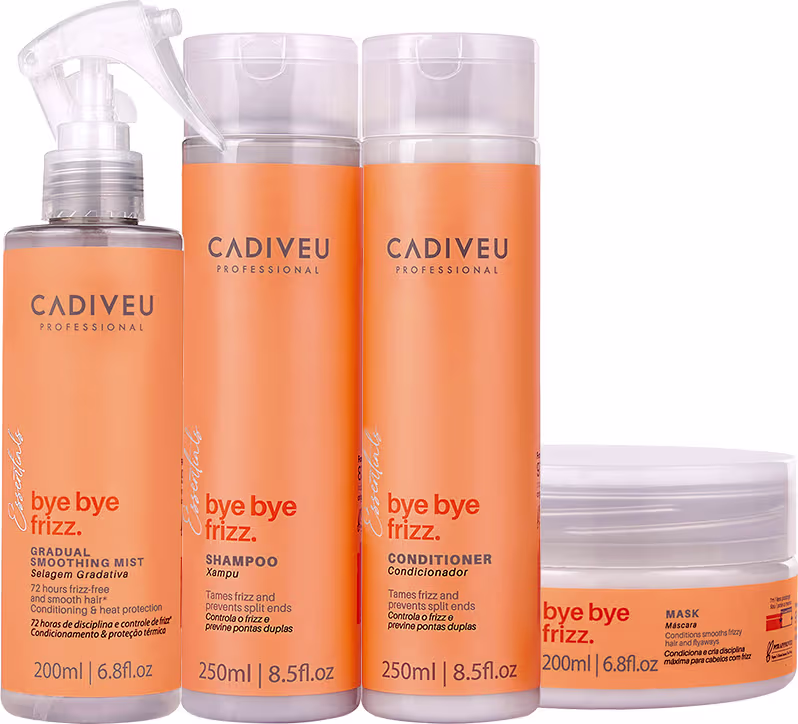 São quatro itens da linha "Bye Bye Frizz": dois frascos de shampoo e condicionador 250ml, um frasco de selagem gradativa 200ml, e uma embalagem de máscara de 200ml. Todos têm embalagens plásticas transparentes com tampas brancas e rótulos laranjas.