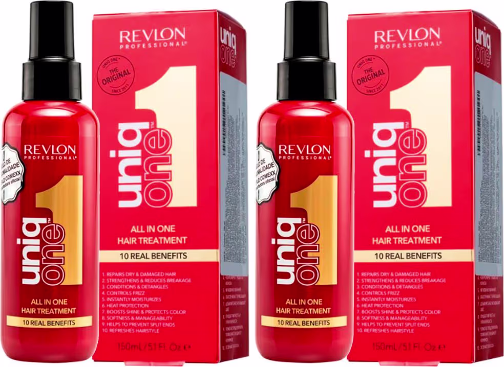 Dois frascos de leave-in All in One da linha Revlon Professional Uniq One. Contém 150ml do produto. As embalagens são caixas retangulares vermelhas com detalhes em branco e amarelo.