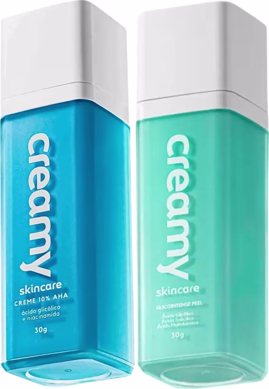 A imagem mostra um frasco retangular transparente de creme redutor de linhas cor azul e tampa branca e um frasco retangular transparente de creme antiacne cor verde e tampa branca.
