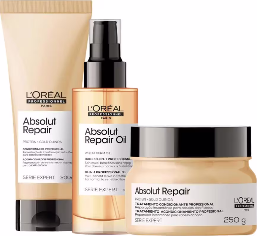 A imagem mostra um kit de L'Oréal Professionnel com uma bisnaga de condicionador, um frasco plástico com aplicador preto e um pote redondo de máscara. Todos com cor bege, rótulo branco e tampa preta.