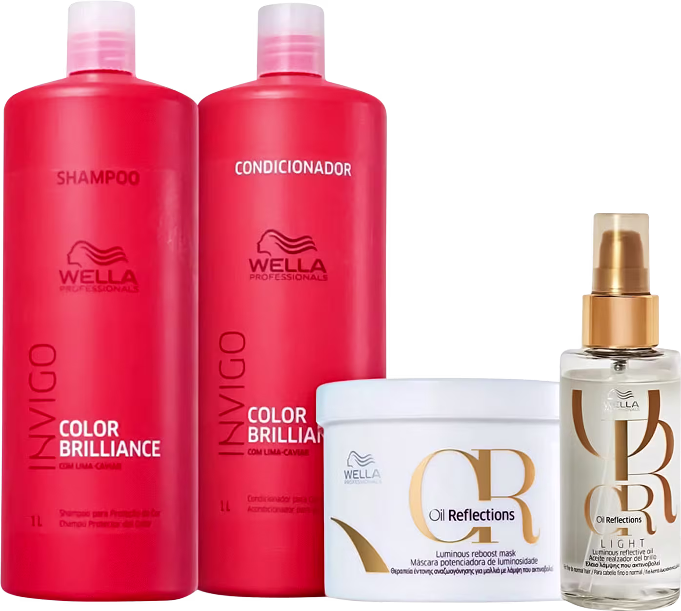 Kit com shampoo e condicionador Invigo Color Brilliance, além de máscara e óleo capilar Oil Reflections. Todos da marca Wella Professionals.