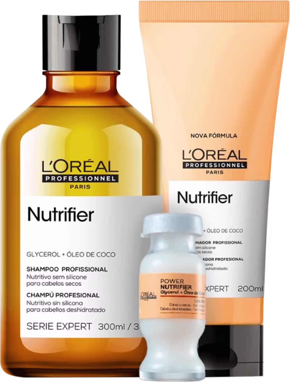 A imagem mostra um kit da L'Oréal Professionnel com um frasco arredondado de shampoo e com uma bisnaga de condicionador, ambos de cor rosa amarelo, rótulo branco e tampa preta. Tem também uma ampola em frasco branco e tampa branca.
