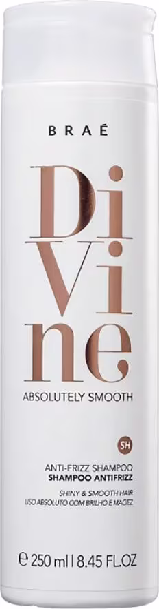 Shampoo antifrizz da linha Divine da Braé. Embalagem plástica branca cilíndrica de 250ml.