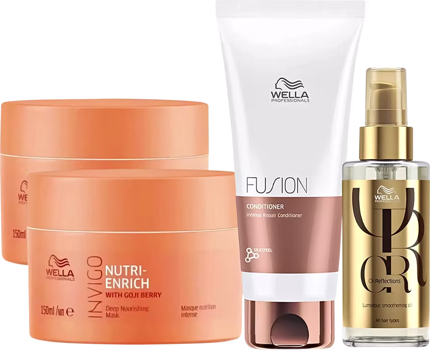 A imagem mostra dois potes redondos laranja de máscara capilar, um condicionador em embalagem bisnaga e um frasco com rótulo dourado de óleo capilar.