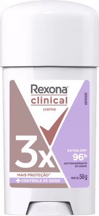 Desodorante antitranspirante Rexona Clinical Creme, em embalagem branca com detalhes em tons de cinza e roxo, indicando proteção extra seca por 96h.