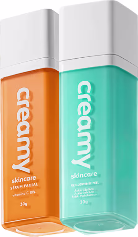 A imagem mostra dois frascos retangulares transparentes de sérum cor laranja e azul, com tampas brancas.