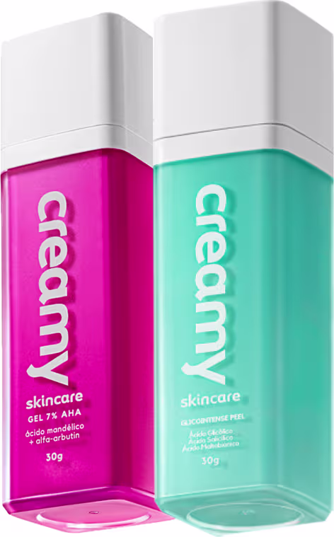 A imagem mostra dois frascos retangulares transparentes de sérum cor rosa e azul, com tampas brancas.