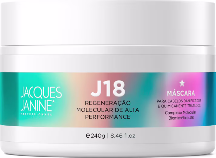 Embalagem branca de máscara capilar da linha J18 da Jacques Janine Professionnel, com rótulo destacando a "Regeneração Molecular de Alta Performance" do produto.