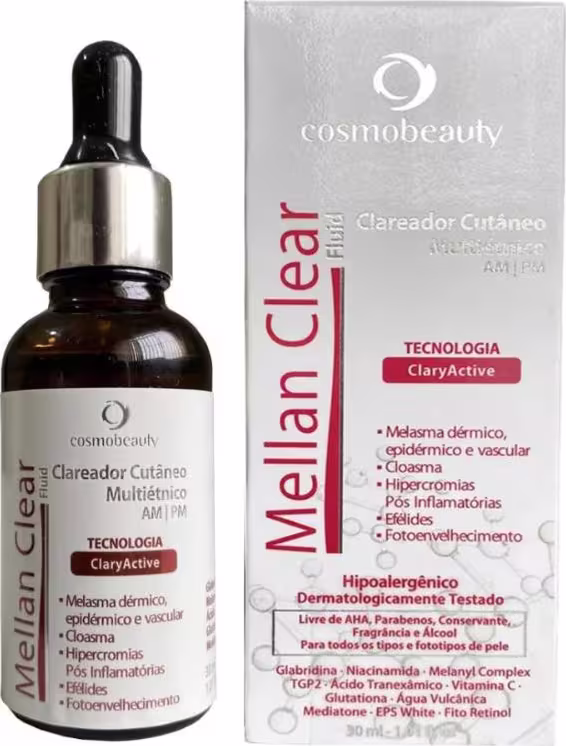 O produto é um Clareador Cutâneo Multifuncional da marca Cosmobeauty, em um frasco conta-gotas com rótulo branco e vermelho. O rótulo destaca a tecnologia "ClaraActive" e menciona propriedades como melasma, hipercromias e fotoenvelhecimento.