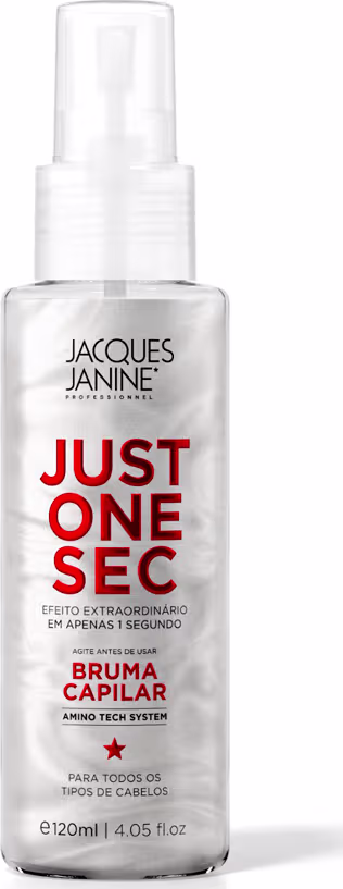 Frasco de spray branco da linha Just One Sec da Jacques Janine Professionnel, com rótulo vermelho destacando o nome do produto e a promessa de "efeito extraordinário em apenas 1 segundo" para todos os tipos de cabelo.