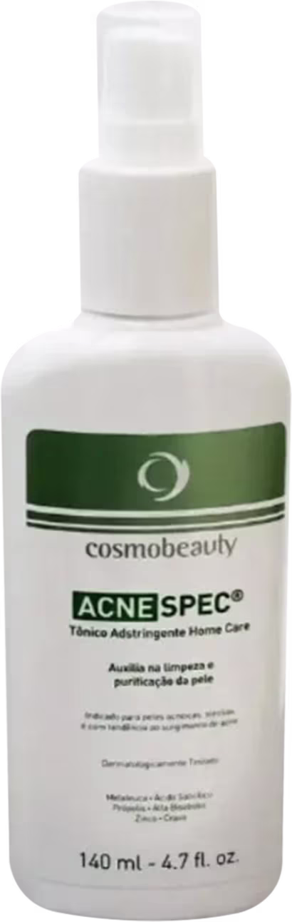 Frasco branco de 140 ml da linha Acnespec da Cosmobeauty, com rótulo verde e branco indicando um tratamento antiacne.