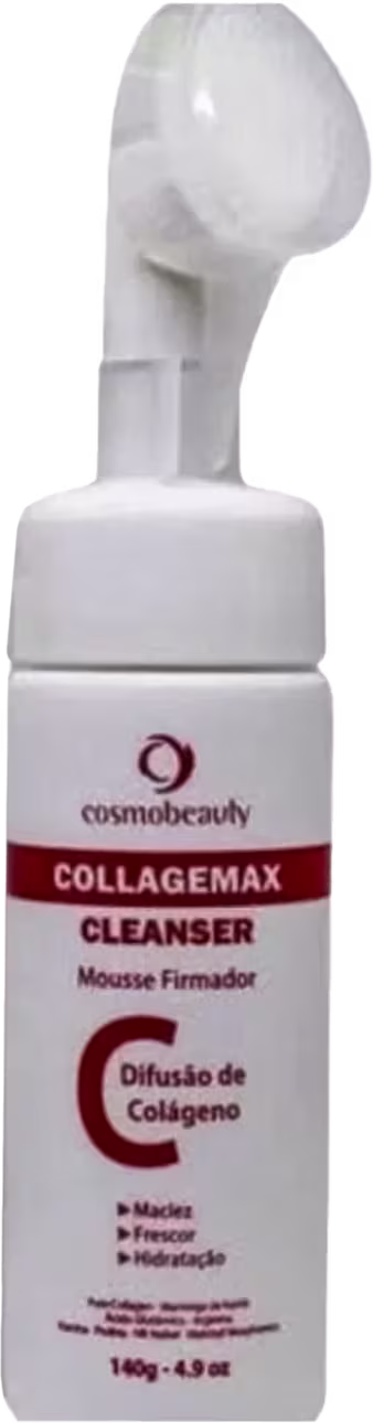 Limpador facial da linha Collagemax da marca Cosmobeauty. O rótulo exibe o nome "Collagemax Cleanser" e destaca a "Difusão de Colágeno" como um dos benefícios. Trata-se de um produto de cuidados com a pele, destinado à limpeza e hidratação facial.