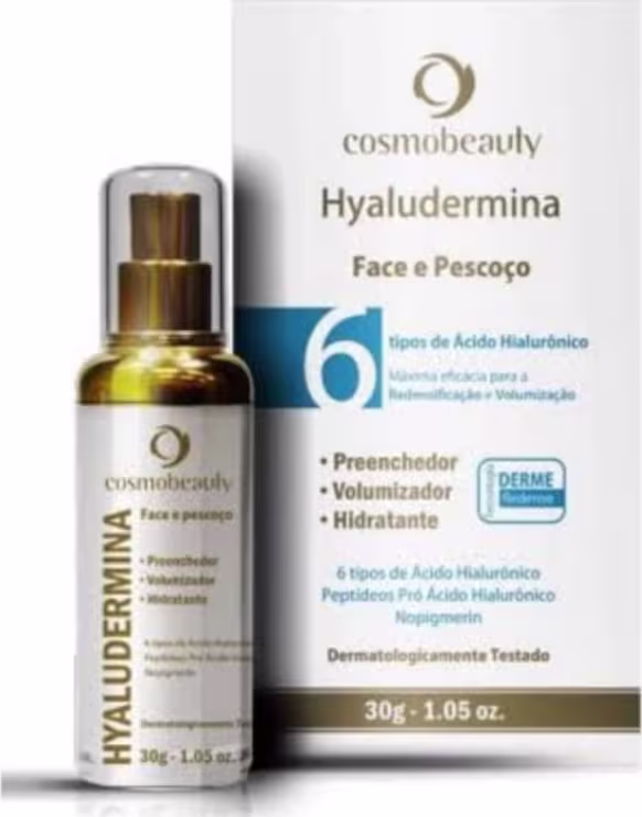 Sérum facial da marca Cosmobeauty, chamado Hyaludermina. O rótulo do produto exibe o nome "Hyaludermina" e algumas informações sobre suas propriedades, como "Preenchedor", "Volumizador" e "Hidratante".