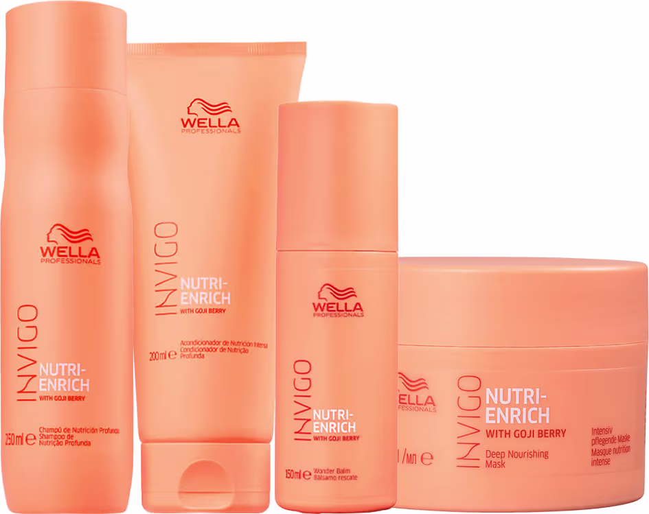 Kit com shampoo, condicionador, máscara e leave-in Invigo Nutri-Enrich de Wella Professionals.