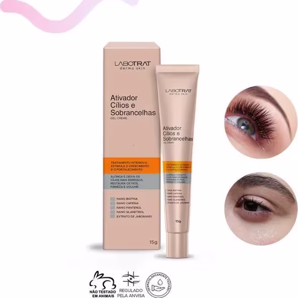 O produto apresentado é um gel creme da marca Labotrat, chamado "Ativador Cílios e Sobrancelhas". A embalagem consiste em um tubo de cor bege e uma caixa de papelão também na cor bege. Volume de 15g.