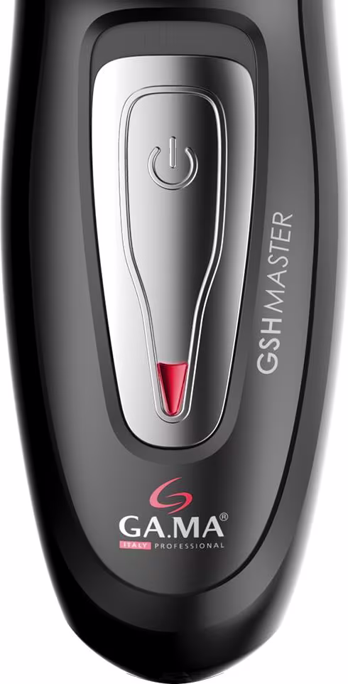 A imagem mostra a base do barbeador elétrico, ele possui o corpo preto com detalhes cromados e vermelhos. Possui um botão de ligar/desligar proeminente na parte superior com o logotipo da marca.