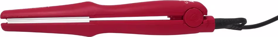 A imagem mostra uma chapinha cerâmica vermelha. O acessório é comprido e cilíndrico com revestimento vermelho fosco. Possui uma placa alisadora com superfície metálica brilhante. Na extremidade, há um cabo emborrachado preto para facilitar o manuseio.