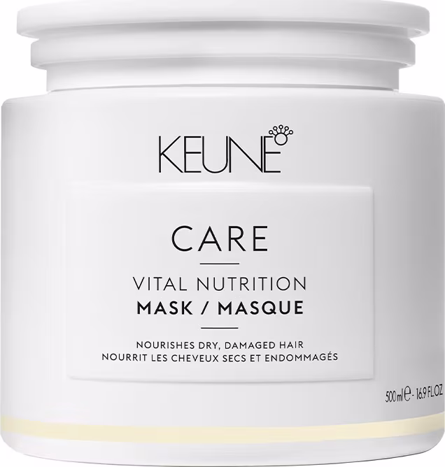 Embalagem branca cilíndrica da linha Care da Keune, contendo máscara de nutrição vital para cabelos secos e danificados. Rótulo com nome do produto e informações sobre o uso.