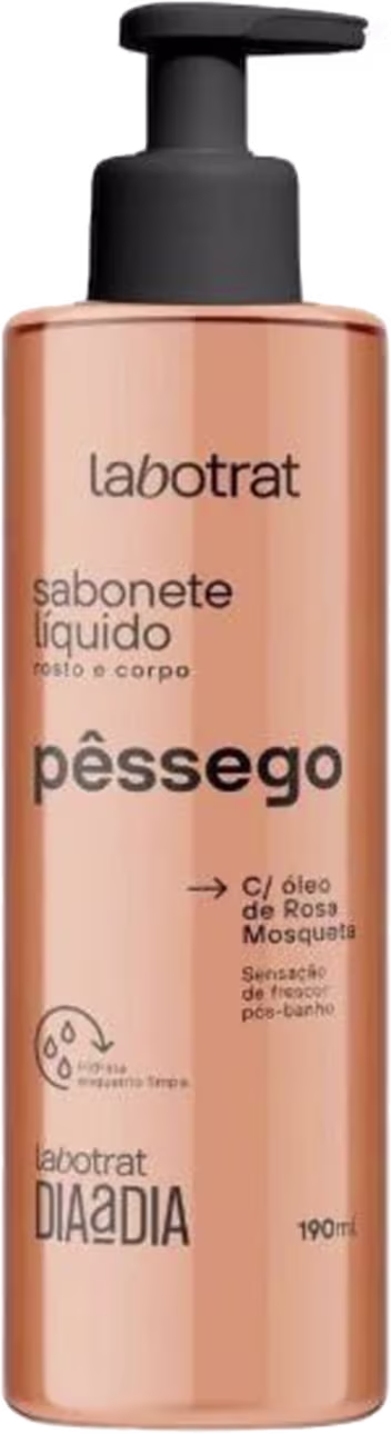 O produto apresentado é um sabonete líquido da marca Labotrat, com o nome "Sabonete Líquido Péssego" impresso no rótulo. A embalagem é um frasco com um dispensador na parte superior, de cor predominantemente laranja.