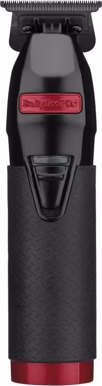 Aparador de cabelo profissional BaByliss Pro, com corpo preto texturizado e detalhes em vermelho. Possui uma lâmina larga com pentes ajustáveis na parte superior. O logotipo está impresso em vermelho no corpo do aparelho.