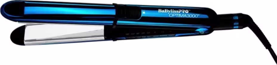 É um alisador de cabelo BaBylissPRO Optima 3000. O produto tem um corpo preto e azul brilhante. O nome da marca "BaBylissPRO" e o modelo "Optima 3000" estão inscritos no corpo do aparelho em letras brancas.