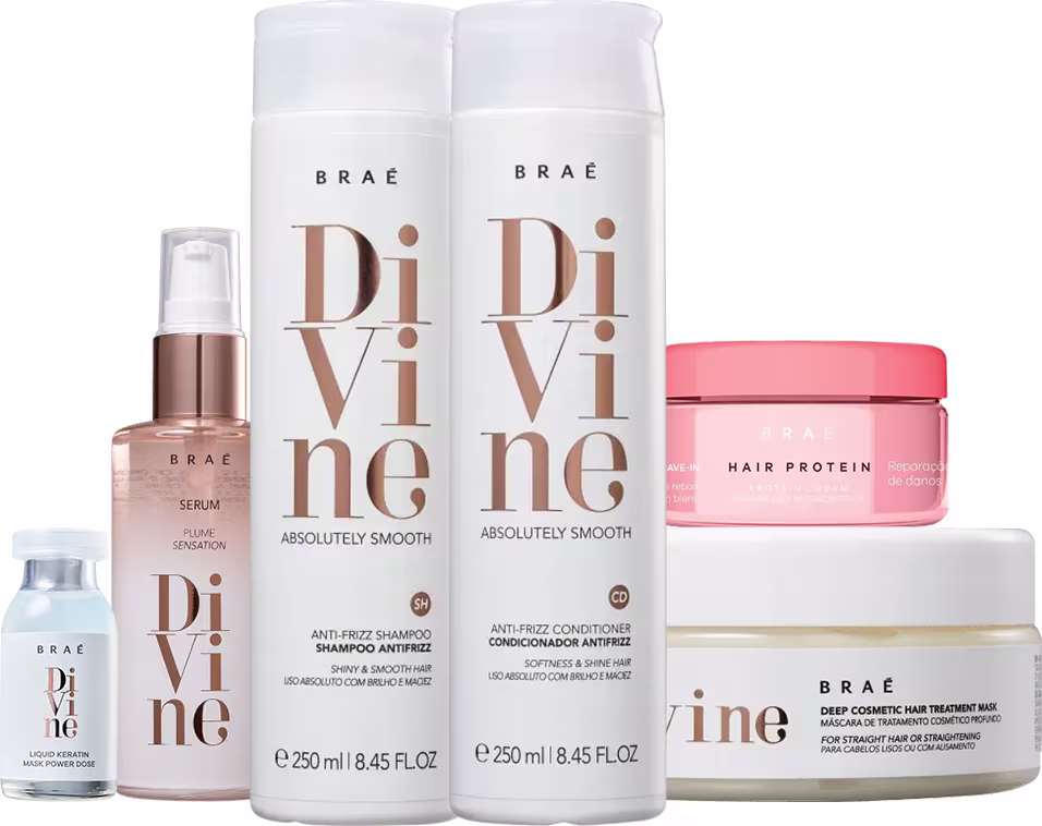 A imagem mostra uma linha de produtos para cabelos da marca Brae Divine. Há dois frascos de shampoo e condicionador, uma máscara capilar, uma ampola de tratamento, um sérum e um pote de proteína capilar.