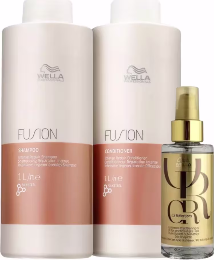 Dois frascos grandes, um para shampoo e outro para condicionador, ambos de 1 litro. Há também um frasco menor de vidro âmbar com tampa dourada, provavelmente um óleo capilar ou tratamento de brilho da linha Reflections.