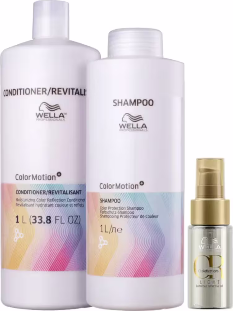 Conjunto de produtos Wella Professionals ColorMotion, incluindo um frasco de condicionador/revitalizante de 1 litro, um frasco de shampoo de 1 litro e um óleo Oil Reflections Light