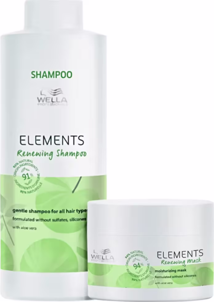 Produtos Wella Professionals Elements: Shampoo renovador em frasco branco e máscara hidratante em pote branco, ambos com rótulos verdes e brancos destacando os ingredientes naturais e a ausência de sulfatos e silicones.