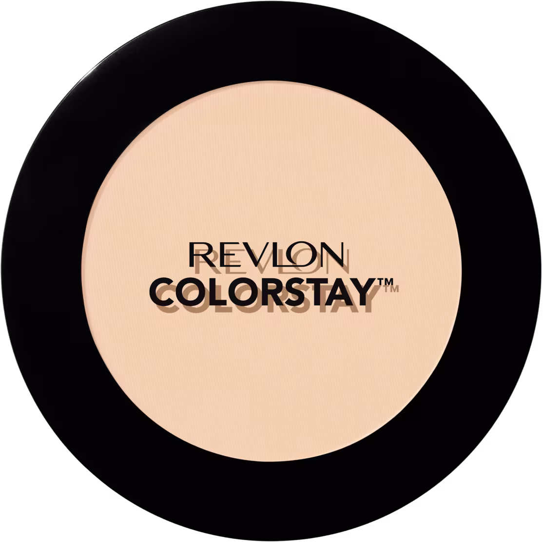 Embalagem circular compacta com exterior preto e interior bege claro. No centro, o logotipo "Revlon ColorStay" está impresso em letras pretas sobre o fundo bege.