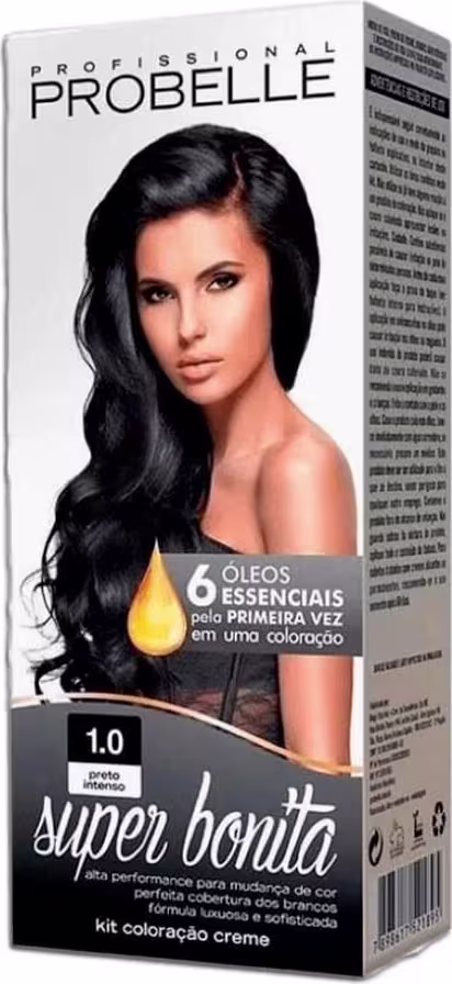 Produto de coloração de cabelo creme da marca Probelle. Imagem de uma mulher de cabelos longos e negros na parte frontal. Texto visível: "Probelle Professional", "Super Bonita 1.0 Preto Intenso", "6 óleos essenciais pela primeira vez em uma coloração".