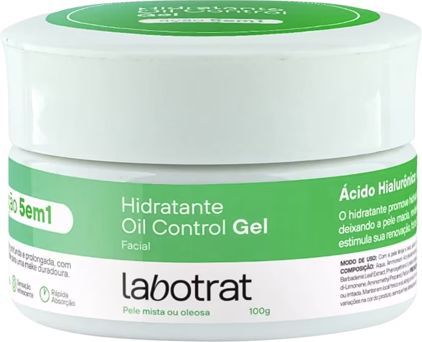 O produto apresentado é um gel hidratante Oil Control da marca Labotrat. A embalagem é um pote branco com tampa verde, contendo 100g do produto.
