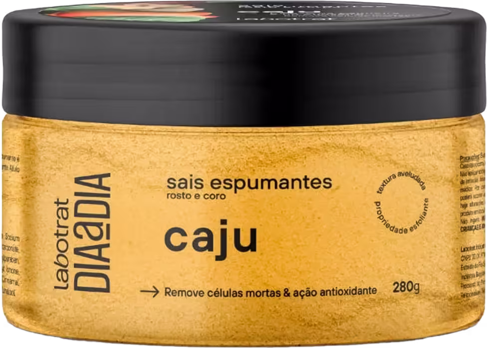 O produto apresentado é um sais espumantes de caju da marca Labotrat. A embalagem é um pote preto com rótulo amarelo, contendo 280g do produto.