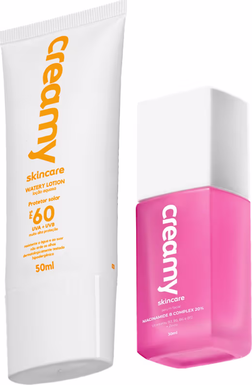 A imagem mostra uma bisnaga branca com letras laranja e um frasco retangular transparente de sérum facial cor rosa e tampa branca.