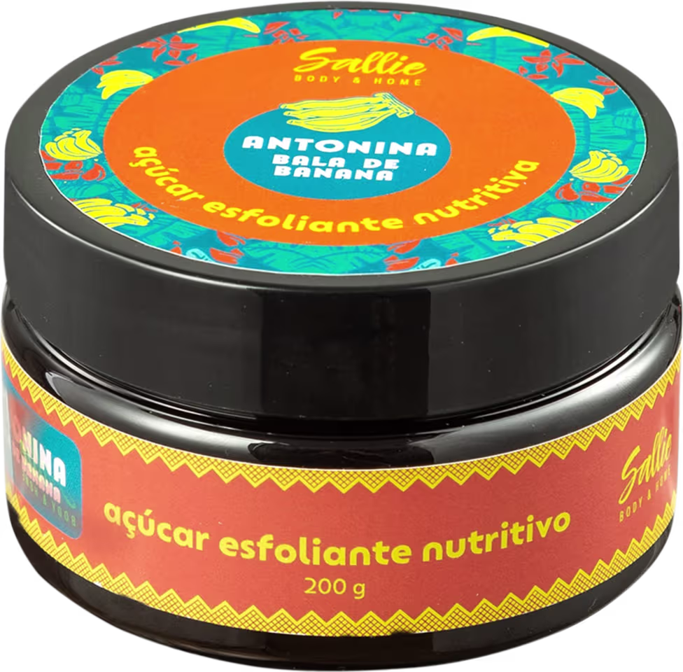 Pote preto com rótulo colorido contendo "Antonina Bala de Banana", um esfoliante nutritivo da marca Sallie Body & Home, com 200g de produto.