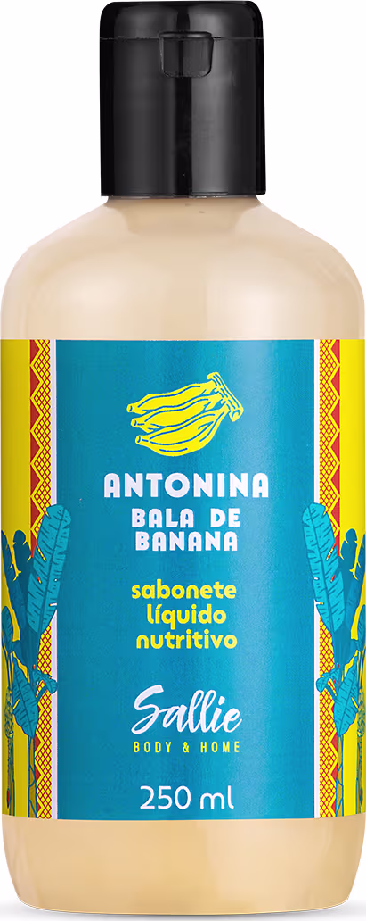 Frasco de sabonete líquido nutritivo da marca Sallie Body & Home, com 250 ml de volume, apresentando rótulo com ilustração de bananas e texto "Antonina Bala de Banana" em azul e amarelo.