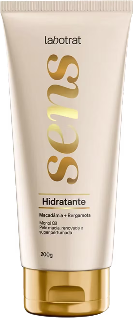 Tubo de creme hidratante da linha Sens da Labotrat, com embalagem em tons de bege e dourado.